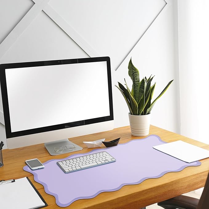 Scalloped Desk Mat Large Scalloped Piping Cute Desk Mat Aesthetic Preppy Table Pad Large Nonslip Pad with Edge Stitching Waterproof Gaming(Purple,31.5 x 15.75 Inches)