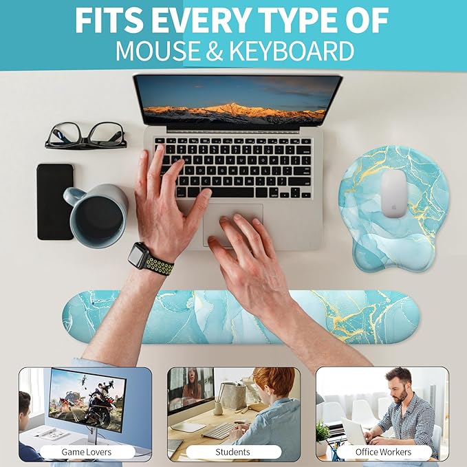 eulps Mouse Pad Wrist Support, Ergonomic Memory Foam Keyboard Wrist Pad & Gel Wrist Rest Set for Computer Keyboard for Easy Typing for Office & Home(Blue Marble Set)