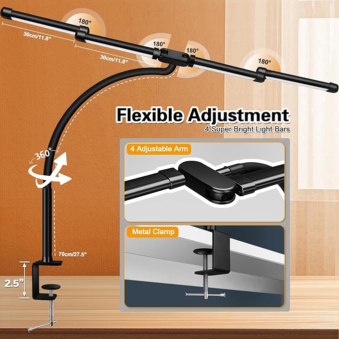 LED Desk Lamp for Home Office, 24W Bright Office Desk Lamp with Desktop Dimmer, 46" Multi-Screen Computer Monitor Architect Clamp Desk Light, Color and Dimming LED Table Light for Work Study