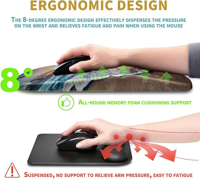 Hokafenle Ergonomic Mouse Pad Wrist Support with Massage Design, Wrist Rest Mousepad with Memory Foam&Non-Slip PU Base, Mouse Pads for Wireless Mouse & Desk (12x8 inch,Sunrise Beach)