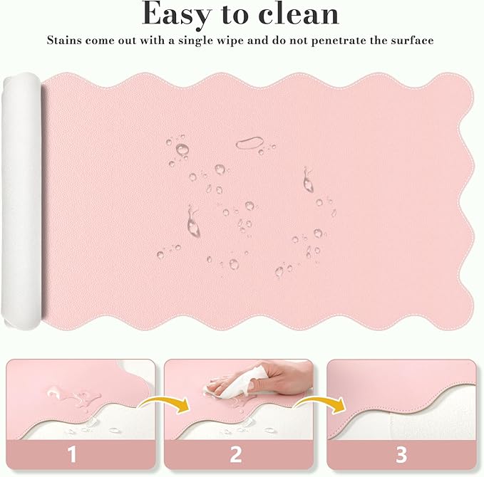 iCasso Leather Desk Pad Pink,Extra Large Mouse Pad for Desktop,Waterproof PU Nail Table Mat,Cute Scalloped Keyboard Mats for Women Girl,Non-Slip Desk Cover Mat for Office Home Dorm