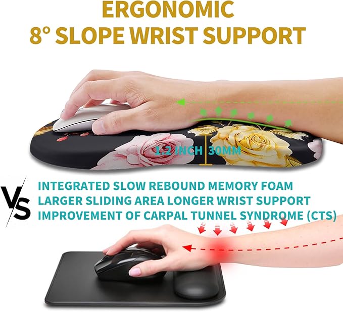 Hokafenle Ergonomic Mouse Pad Wrist Support, Wrist Rest Mousepad for Carpal Tunnel with Integrated Memory Foam Slope Massage Bulge (11.8x7.9 inch,Golden Powder Flower)