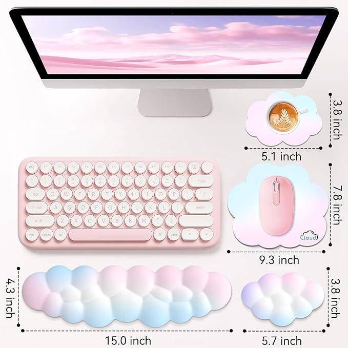 Cloud Wrist Rest for Computer Keyboard, 4-in-1 Memory Foam Leather Cloud Keyboard Wrist Rest and Mouse Pad Set with Ergonomic Support for Arm and Palm Cushion, Gaming/Work Setup, Rainbow