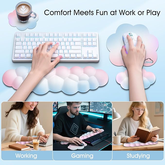 Cloud Wrist Rest Keyboard Cushion, 4-in-1 Ergonomic Cloud Keyboard Wrist Rest and Mouse Pad Set with Memory Foam Arm Support for Palm, Cute Desk Accessory for PC Gaming Setup, Rainbow