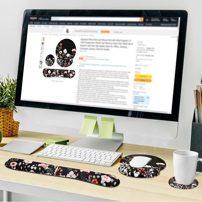 Ergonomic Mouse Pad with Wrist Rest and Keyboard Wrist Rest, Wrist Rest for Computer Keyboard, Easy Typing, Black Mouse Pad with Wrist Support for Gaming,Office, Laptop, Garden Flowers