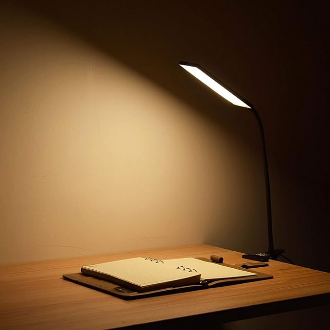 LED Desk Lamp - Dimmable Eye-Care Reading Light with Adjustable 3 Color Modes, 14 Brightness Levels, Flexible Gooseneck Clip-on Light for Studying, 5W-Black