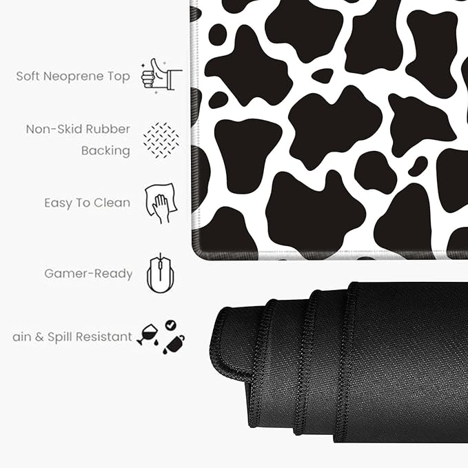 Cow Print Mouse Pad 24x12 Inch Mousepad Black and White Desk Pad Large Gaming Desk Mat Long Protector Mat Big Non Slip Laptop Mat for Wireless Mouse Work Computer