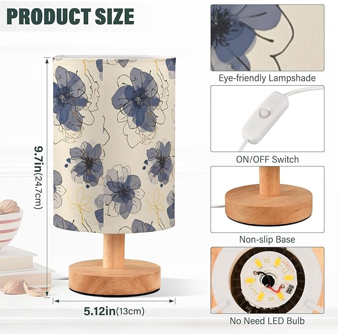 Flower LED Table Lamp, Bedside Lamp with Linen Lampshade, Flicker-Free Eye Care USB Plug in Nightstand Lamp, for Bedroom and Office