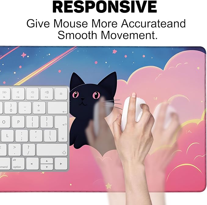 Large Mouse Pad 35.4x15.7 Inch Dreamy Cat Gaming Desk Mat with Non-Slip Rubber Base, Stitched Edges for Gaming,Office