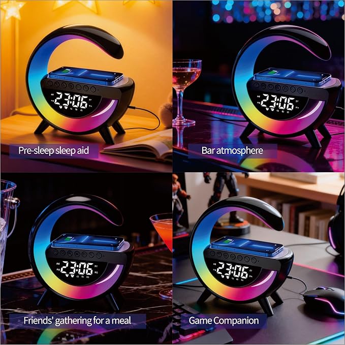 Smart Wireless Charging Table Lamp, Multifunctional Bluetooth Speaker & Alarm Clock - LED Bedside Desk Lamp Night Light for Heavy Sleepers, Superfine Bedroom Home Decoration (Black)