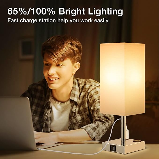aooshine Set of 2 Touch Nightstand Lamp with USB-C+A Charge Ports& AC Outlets, 3-Way Dimmable Bedside Lamp with White Fabric Shade,Small Table Lamp for Bedroom Guest Room(Bulb Included)