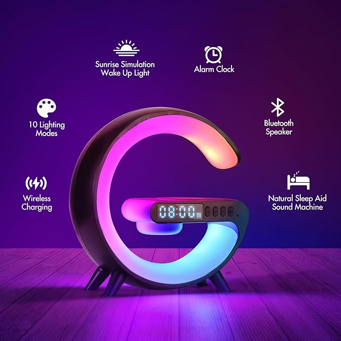 Blingbin Wireless Charger Atmosphere Lamp, 2025 New Mini LED Table Lamp, Bluetooth Speaker, Dimmable Night Light Bedside Lamp Alarm Clock with Music for Christmas Birthday New Year Gifts