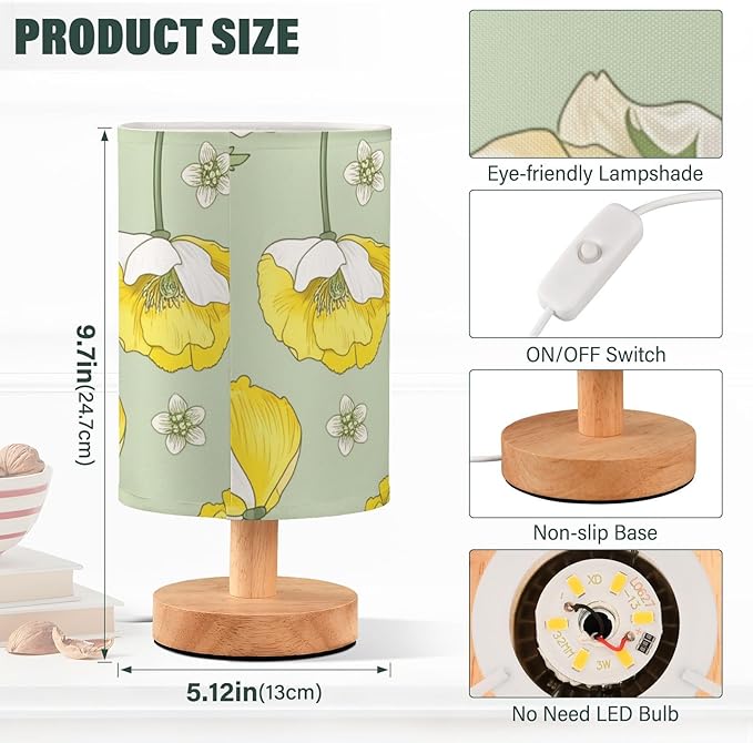 Yellow Floral LED Table Lamp, Bedside Lamp with Linen Lampshade, Flicker-Free Eye Care USB Plug in Nightstand Lamp, for Bedroom and Office
