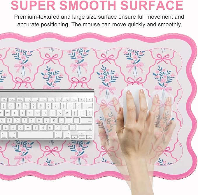 L-SPOUTTO Pink Mouse Pad,Cute Desk Mat XXL Large Scalloped Gaming Mousepad,35.4x15.7in Non-Slip Rubber Base Keyboard Pad Waterproof Girly Desktop Mat for Laptop Computer Game Home Office-Flower Bow