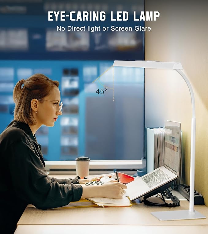 Desk Lamp for Home Office with Base, Eye-Caring Desk Light with Adjustable Gooseneck, 12W USB Adapter Touch Control 5 Dimmable Brightness & Color Tall Lamp for Work, Computer, Study, Task