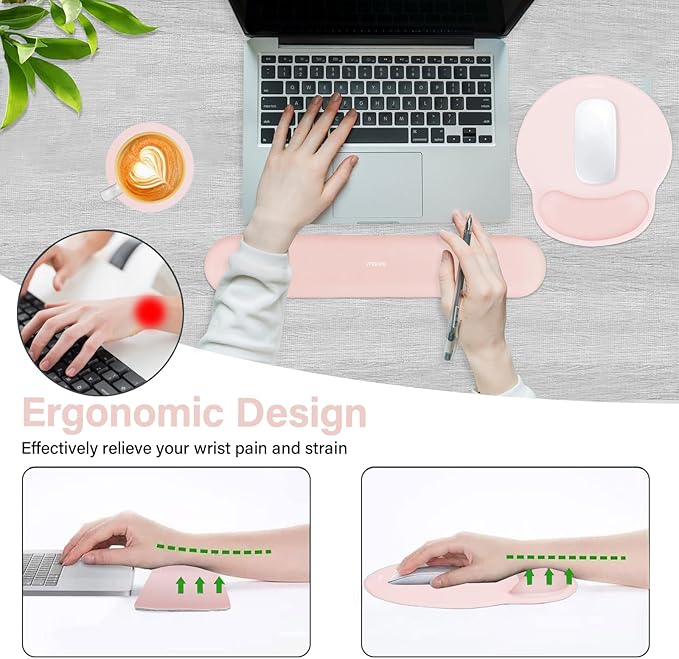 MOSISO Wrist Rest Support for Mouse Pad&Keyboard Set, Circle Curved Ergonomic Mousepad&Coaster Non-Slip Base Home/Office Wrist Support&Easy Typing Pad with Soft Cloth&Silicone Lining, Chalk Pink