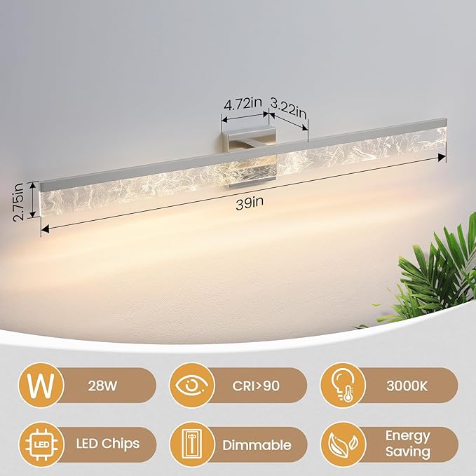 39 Inch Brushed Nickel Vanity Light Fixture, 28W Dimmable LED for Bathroom Above Mirror, Modern Wall Mount Lighting 3000K