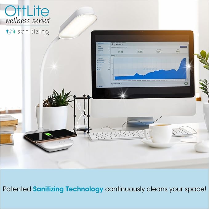 OttLite Achieve LED Sanitizing Desk Lamp Wireless Charging and USB Charging - Touch Activated, Flexible Neck, Modern Light for Reading, Crafting & Office Desktop