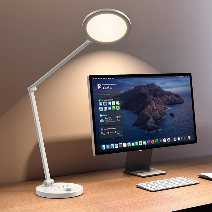 Desk Lamp for Home Office, Metal Swing Arm Desk Light, 3 Mode Stepless Dimming Desktop Lamp, 14W 1200LM Computer Task LED Lamp, Desk Ring Light for Streaming, Podcasting, Video Calls, Conference