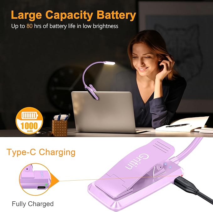 Gritin 9 LED Rechargeable Book Light for Reading in Bed - Eye Caring 3 Color Temperatures,Stepless Dimming Brightness,80 Hrs Runtime Small Lightweight Clip On Book Reading Light for Studying-Purple