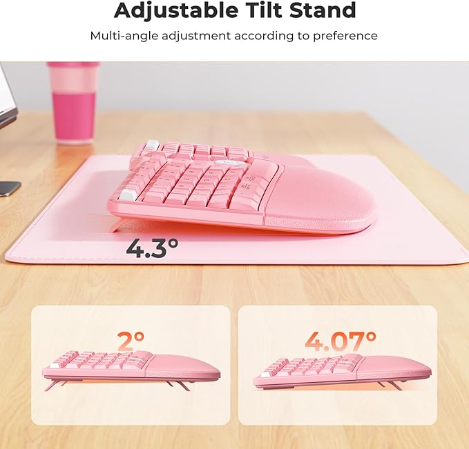 MEETION Ergonomic Keyboard with Cushioned Wrist Rest, Bluetooth Wireless Keyboard Rechargeable, Split Curved Keyboards Natural Typing, Full Size Multi-OS Windows/Mac, Computer/Laptop/Tablet/, Pink