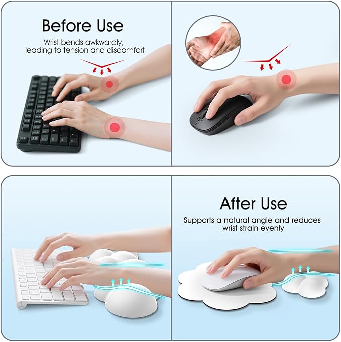 Cloud Wrist Rest Keyboard Cushion, 4-in-1 Ergonomic Cloud Keyboard Wrist Rest and Mouse Pad Set with Memory Foam Arm Support for Palm, Cute Desk Accessory for PC Gaming Setup, White