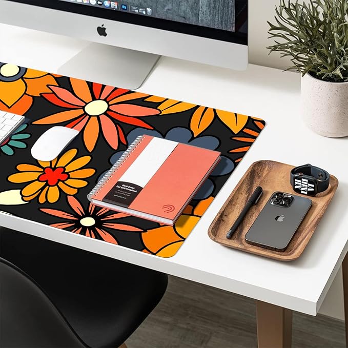 Desk Mat Large Protector Pad 27.5" ×13.8", Non-Slip PU Leather Desk Blotter, Waterproof Mouse Pad for Office Home Retro Flower