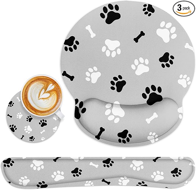 Britimes Ergonomic Mouse Pad Set with Wrist Rest Gray Paw Print Non-Slip Rubber Base Wrist Cushion Support and Coasters Mousepad with Wrist Support for Computer Keyboard and Desk