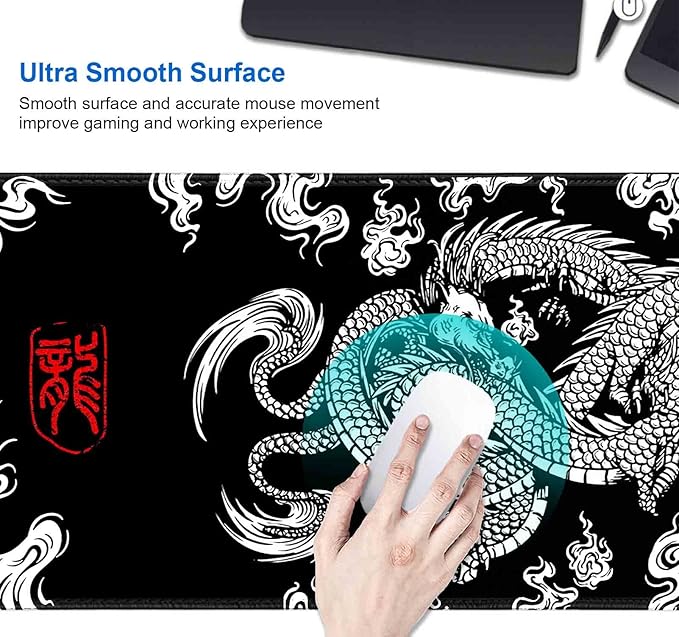 IMAYONDIA Large Gaming Mouse Pad (35.4x15.7 in), Big Extended Non-Slip Rubber Base Mousepad with Stitched Edges, Keyboard Mouse Mat Desk Pad for Work, Gamer, Office, Computer - Black and White Dragon