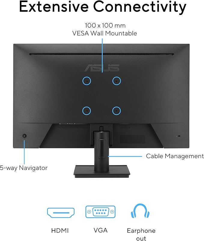 ASUS 27" 1080P Eye Care Monitor (VA279HG) - IPS, Full HD, 99% sRGB, Frameless, 120Hz, 1ms, Adaptive-Sync, HDMI, VGA, Low Blue Light, Flicker Free, Wall Mountable, 3 yr Warranty
