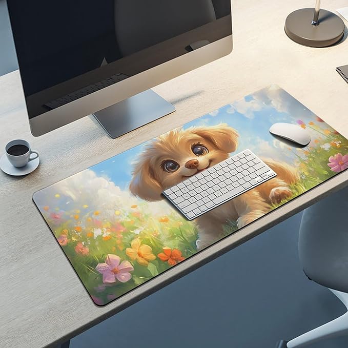 Large Ergonomic Gaming Mouse Pad Happy Puppy in Sunny Field - Lovable Dog Theme with Non-Slip Base Water-Resistant Surface and Stitched Edges 40x90cm