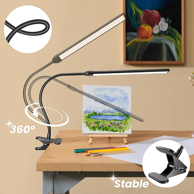 Clip-On LED Easel Lamp for Artists, 3 Color Modes, 10-Level Dimmable, 300lm Eye-Care Easel Lights for Painting, Drawing with Flexible Arm, USB-Powered(No Battery)