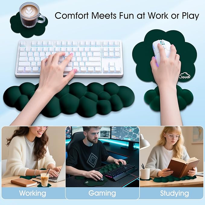 Cloud Wrist Rest Keyboard Cushion, 4-in-1 Ergonomic Cloud Keyboard Wrist Rest and Mouse Pad Set with Memory Foam Arm Support for Palm, Cute Desk Accessory for PC Gaming Setup, Dark Green