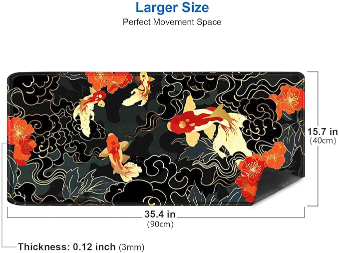 IMAYONDIA Japanese Koi Desk Mat (35.4x15.7 in), Extended Large Gaming Mouse Pad, Long Desk Pad with Stitched Edge, Black Gold Mouse Mat Desk Pad Office Accessories Decor Gift