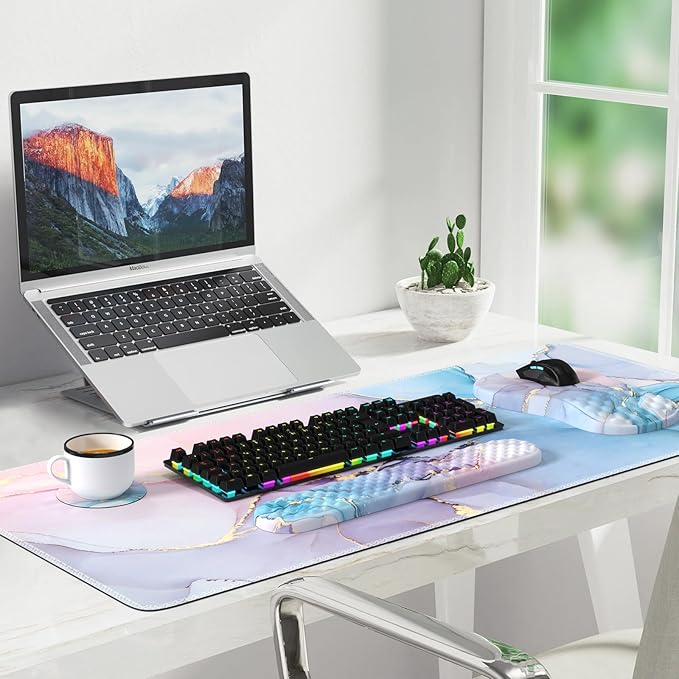 Desk Pad Mat, Large Mouse Pad with Wrist Rest, Ergonomic Keyboard and Mouse pad with Massage Design & Memory Foam, Computer Mouse Pad for Home Office Study Game, Pink Blue Marble