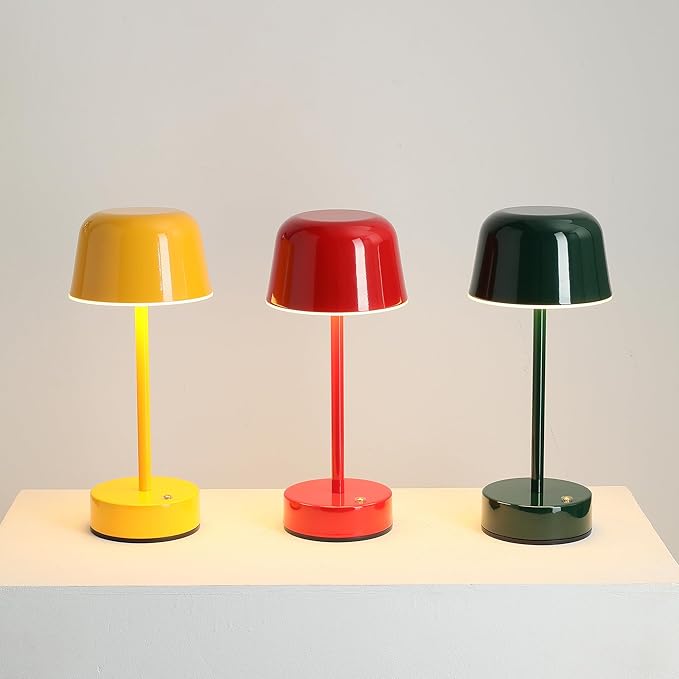Rechargeable Cordless Mushroom Small Table Lamp with USB Port, Battery Powered Table Lamp Red, Tri Color Dimmable Touch Lamps for Nightstand, Bedroom, Dining Table, Bedside
