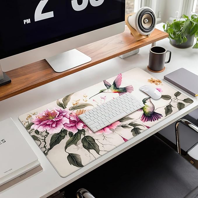 Desk Mat,Colibri and Pink Flowers Large Gaming Mouse Pad for Desk XXL,Birds and Floral Desk Pad,Extended Big Computer Keyboard Mouse Pad with Non-Slip Base and Stitched Edge 35.4"x15.7"