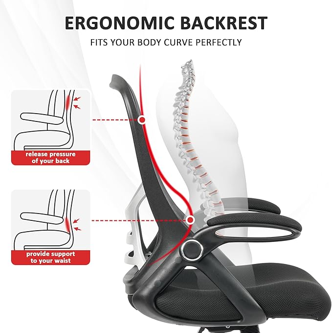 HYLONE Office Chair Ergonomic Chair with Flip up Armrests, Thickened Seat Computer Chair with Breathable Mesh Back Home Office Computer Chairs for Long Hours Mesh Office Chair(Black)
