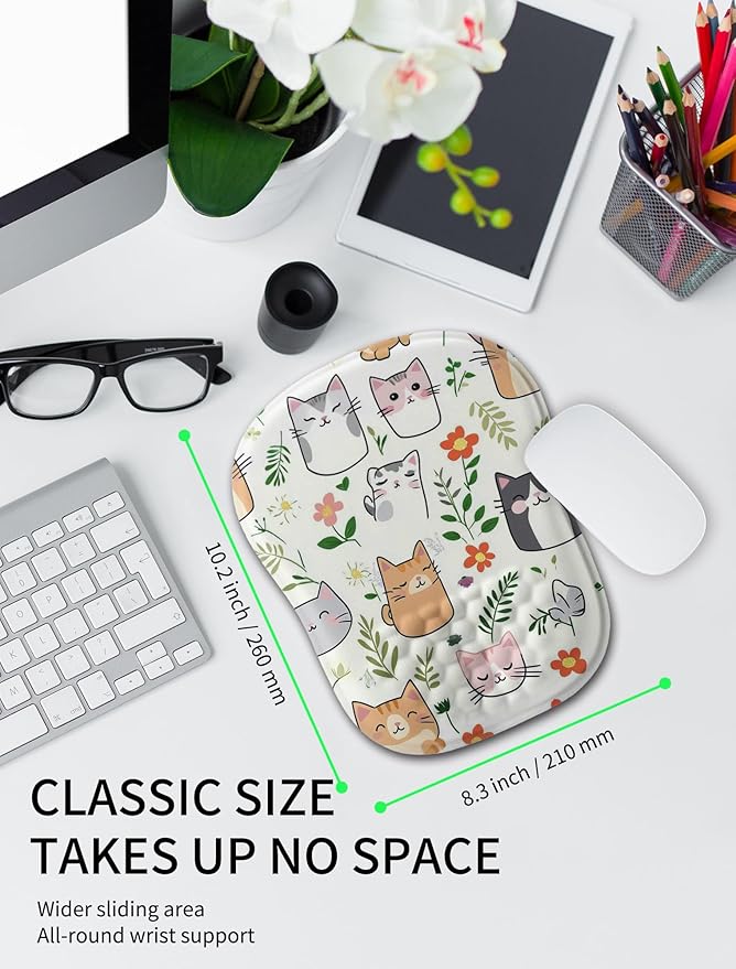 Hokafenle Ergonomic Wrist-Hugging Mouse Pad Wrist Support, U-Shaped Holding Wrist Rest Mousepad for Carpal Tunnel with Cushioned Memory Foam Slope Massage Bulge (10.2x8.3 in, Cute Cat)