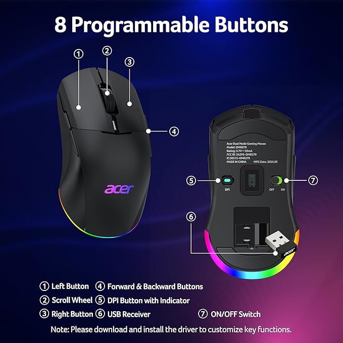 acer Wireless Gaming Mouse for Laptop, 24,000 DPI Wired Computer Mouse with 8 Programmable Buttons, Left & Right Hand, Rechargable Gaming Mice, Long Battery Life, RGB Lighting Gamer for PC, Desktop