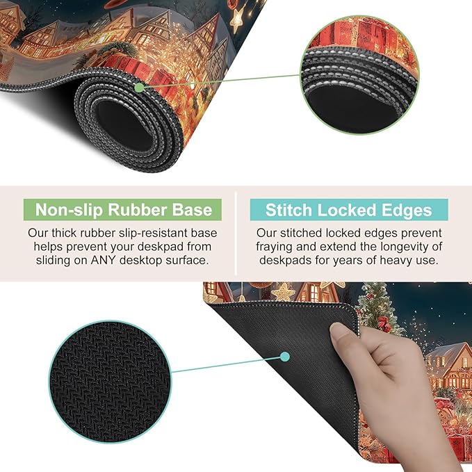 Desk Mat, XXL Extended Gaming Pad for Desktop, 31x12 Inches Village with Trees and Lights, Large Non-Slip Vegan Leather Keyboard and Mouse Mat for Home Office