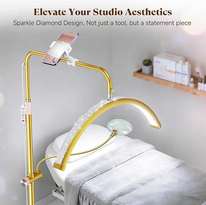 Half Moon Lash Light - Bling Diamond Lash Lamp with 4X Magnifier & Phone Holder, Adjustable Floor Lamp for Eyelash Extensions, Nail Art, Tattoo, Skincare, Dimmable Brightness, Rotating Head, Gold