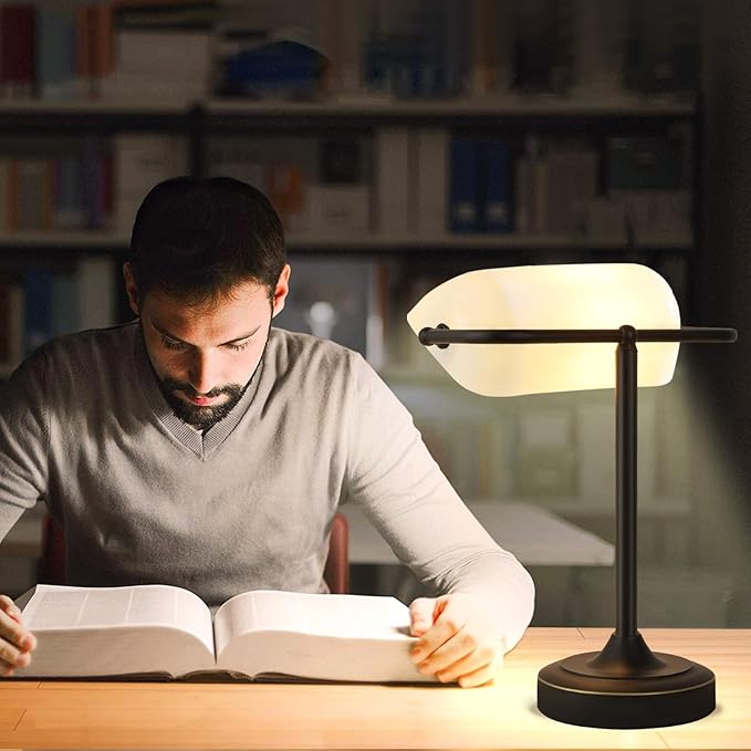 Vintage Desk Lamp Bankers Lamp - Plastic Lampshade Black Retro Table Lamp with USB & Type C Charging Ports Traditional Library Lamp for Home Office Nightstand Bedroom Side Table Lamp-Bulb Included