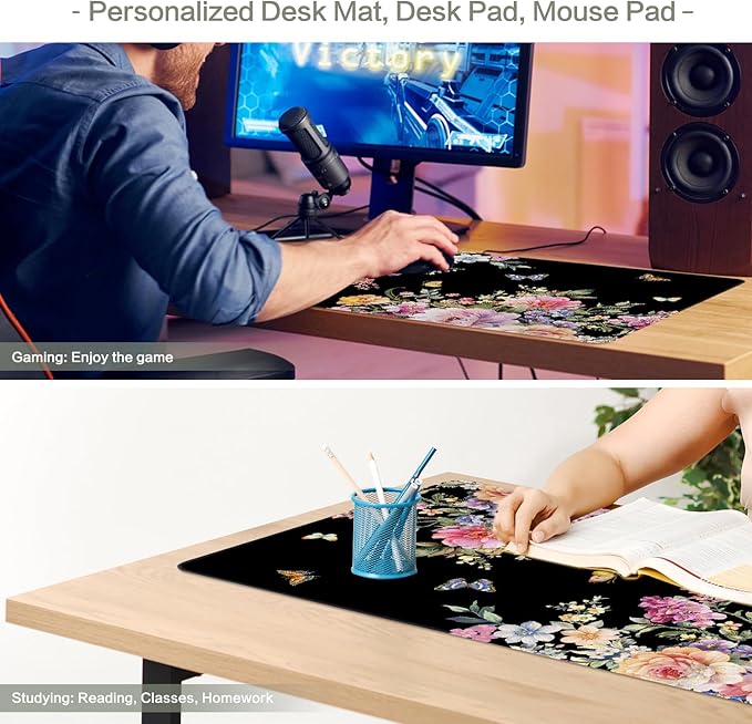 Desk Mat Mouse Pad Butterfly Flower, 35.4x15.7 in Pink Floral XXXL Extended Large Gaming Desk Pad Mousepad, Waterproof Black Computer Laptop Keyboard Mat for Women Girls Work, Game, Office, Home