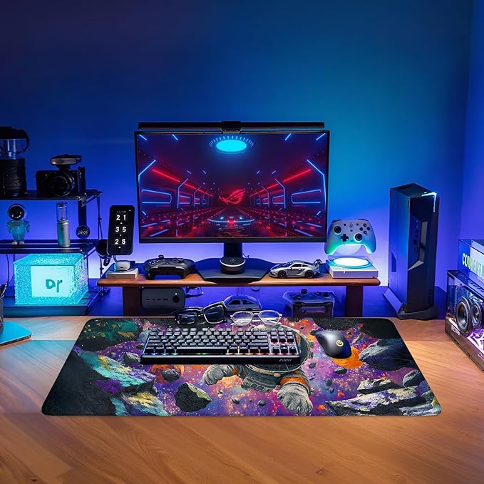 Cat Astronaut Extended Gaming Mouse Pad 31.5x11.8inches Large Desk Mat Anti-Slip Rubber Base & Durable Stitched Edges for Gamers Smooth Mouse Writing Surface for Desk Office/Home