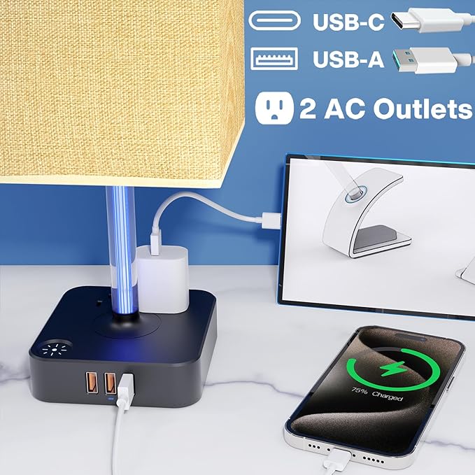 Bedside Table Lamp - Touch 3 Way Dimmable Lamp with 3 USB Charging Ports & 2 AC Outlets, Square Base Rectangular Flaxen Shade, Bedroom, Office, Dorm, Decor, LED Bulb Included (Black-Beige)