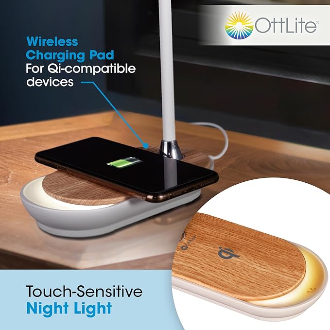Ottlite Inspire LED Desk Lamp with Wireless Charging - ClearSun LED Technology - Flexible Neck, Dimmable with Touch Controls & Night Light Feature - for Offices, Dorm Rooms, & Bedside Tables