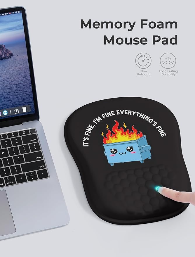 Funny Dumpster on Fire Ergonomic Mouse Pad for Carpal Tunnel Pain Relief, 65% Usable Mouse Area, Memory Foam Concave Wrist Rest for for Office, PC, Gaming