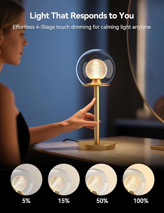 Tubicen Gold Bedside Table Lamp Plug in Dual-Globe Glass Shade Art Decor Table Lamp Memory Function Modern LED 4-Stage Touch Dimmable Desk Table Lamps for NightStands Bedroom Home Office 14.5 Inch