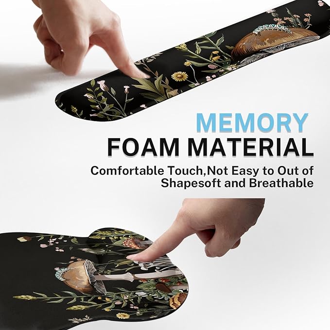 Britimes Black Mushroom Floral Keyboard Mouse Pad Set Plant Flower 4in1 Large Mousepad+Keyboard Wrist Rest+Mouse Wrist Rest+Coaster Ergonomic Design for Home Office Computer 35.4x15.7 inches